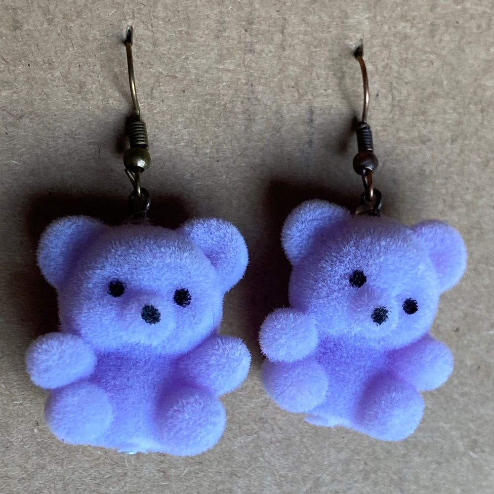 Soft lavender bear dangle earrings. For all ages